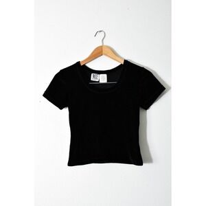Mixed Blues‎ Velvet Tee Women Small Black 90s Scoop Neck Short Sleeve Crop Top